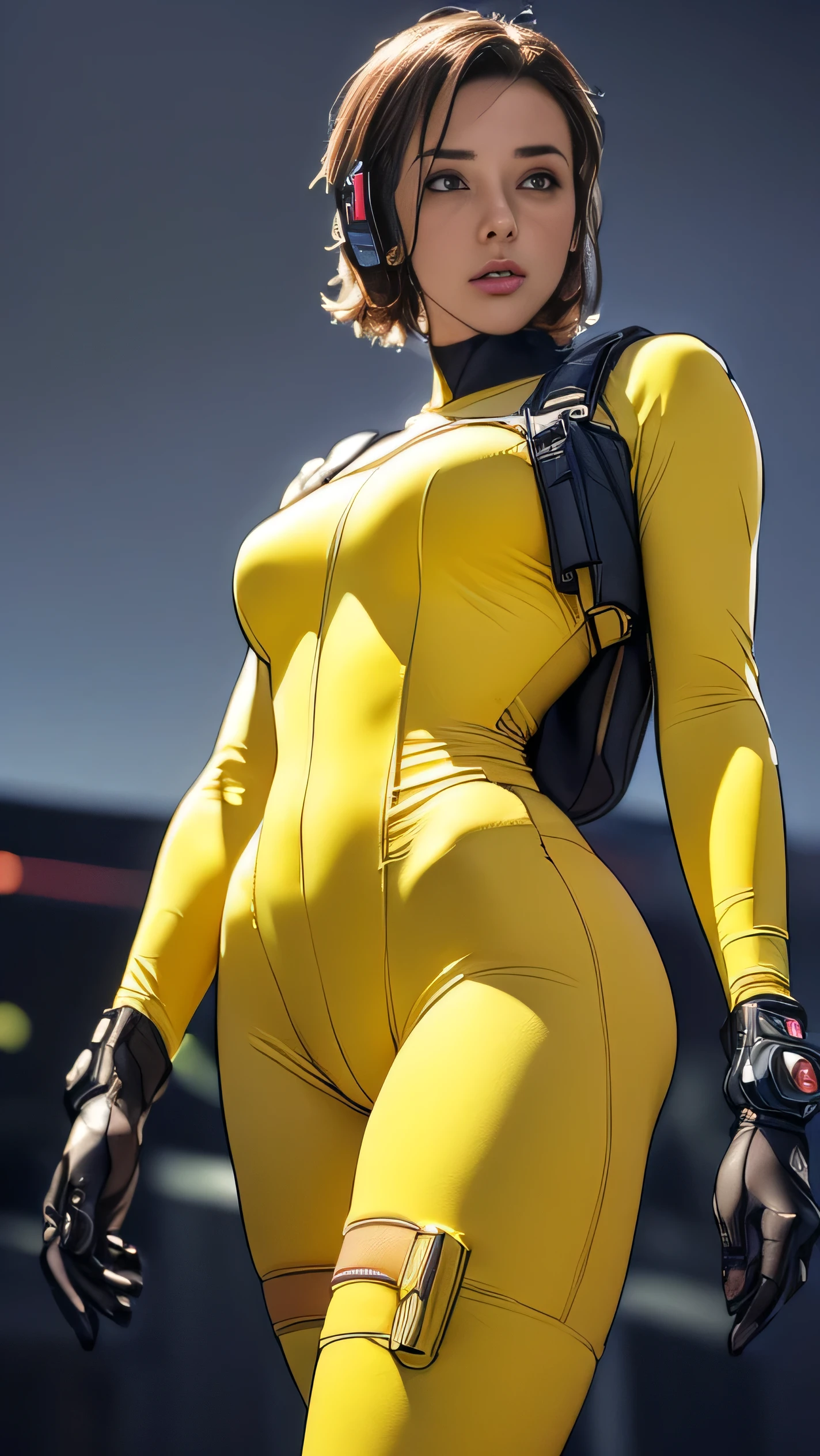 (A woman),(((A female member of the Future Force stands))),((Yellow tactical high leg bodysuit:1.5)),((earphone:1.5)),((Tactical Holster:1.5)),(Gloves:1.5),(Serious:1.5),(Super short hair:1.5),(beautiful eyes:1.3),(Very detailedな顔:1.5),((Very detailed drawing of a female hand:1.5)),(((muscular:1.5))),((Sexy appearance:1.5)),((Thick thighs:1.5)),(Beautiful Body:1.5),((Very sensual:1.5)),(The backdrop is a futuristic city:1.5),(Cyberpunk atmosphere:1.5),(((Blurred Background:1.5))),(Written border depth:1.5),rest(((masterpiece:1.5),(best quality:1.5),(Very detailed:1.5),(high resolution:1.5),(Practical:1.5),(Practical:1.5),(Delicate depiction),(Carefully drawn))),8k,wallpaper, (((camel toe1.5))),from below:1.2