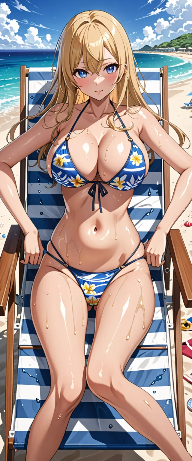 ((masterpiece)), ((high quality)), ((super detailed)), ((high resolution)) ,((8k)), a beautiful woman, ((She is one of the most famous female Gravure Idol in the world.)), unparalleled beauty, ((huge breast)), ((large ass)), ((deep cleavage)), slim waist, chest out, ultra detailed face, perfect skin, (((Blonde straight hair))), blue eyes, detailed eyes, whole body image, (((anime))), ((glamorous)), 24 years old, ((incredibly beautiful woman)), ((The I cup bust)), ((((Sling Bikini)))), ((beautiful breasts)), beautiful legs, 8 life size, anime, the most beautiful and strongest, ((charm)), ((British beauty)), ((Grown-up face)), ((Okinawa's ocean, beach chair, Clear skies, A beautiful woman lying on the beach chair and tanning, wet)), ((Bewitching)), voluptuous, (((Top-down view))),