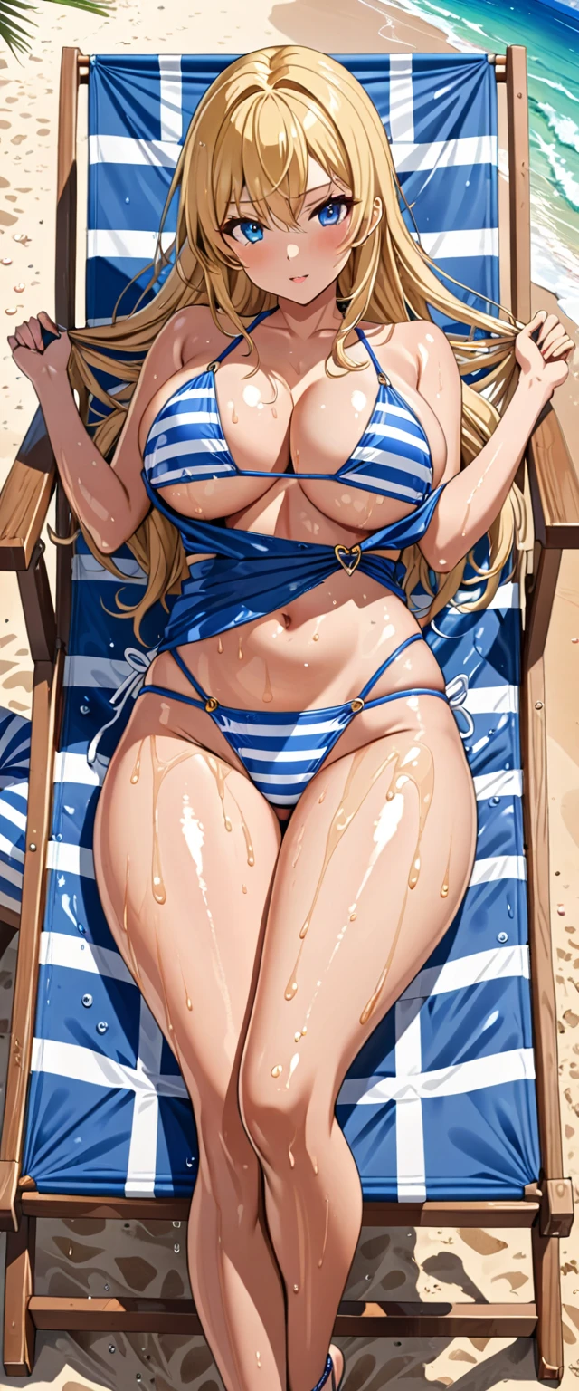 ((masterpiece)), ((high quality)), ((super detailed)), ((high resolution)) ,((8k)), a beautiful woman, ((She is one of the most famous female Gravure Idol in the world.)), unparalleled beauty, ((huge breast)), ((large ass)), ((deep cleavage)), slim waist, chest out, ultra detailed face, perfect skin, (((Blonde straight hair))), blue eyes, detailed eyes, whole body image, (((anime))), ((glamorous)), 24 years old, ((incredibly beautiful woman)), ((The I cup bust)), ((((Sling Bikini)))), ((beautiful breasts)), beautiful legs, 8 life size, anime, the most beautiful and strongest, ((charm)), ((British beauty)), ((Grown-up face)), ((Okinawa's ocean, beach chair, Clear skies, A beautiful woman lying on the beach chair and tanning, wet)), ((Bewitching)), voluptuous, (((Top-down view))),