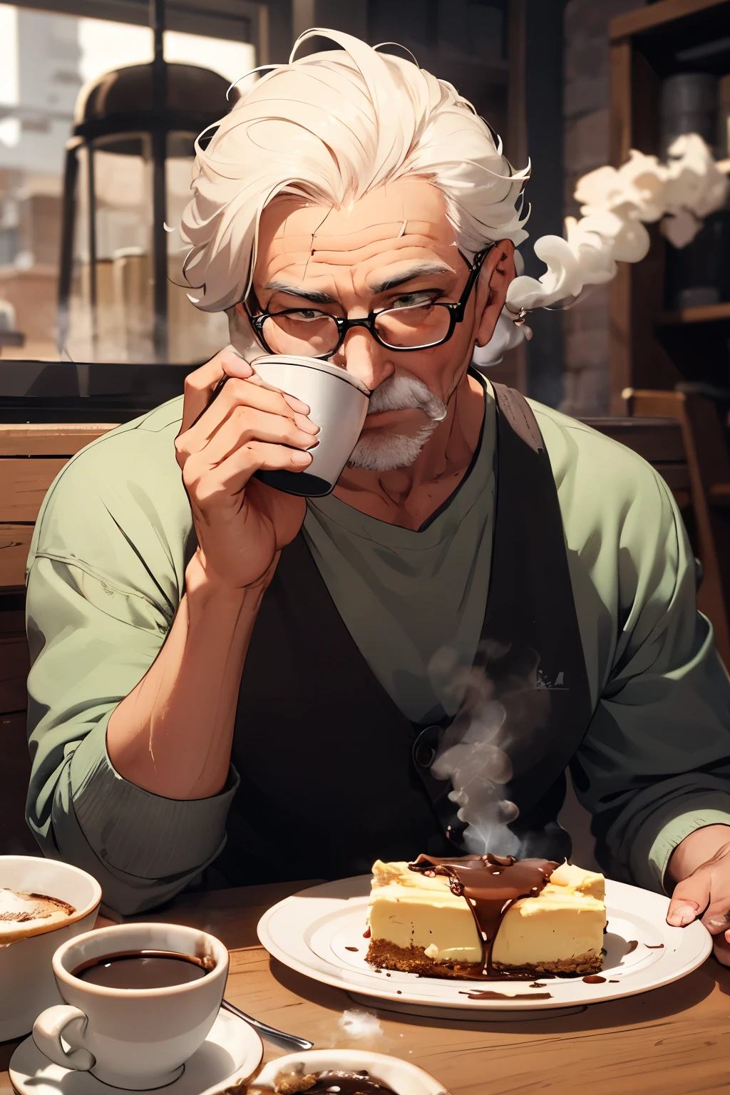 An old man is drinking a cup of black coffee on the table, still hot with steam and smoke coming out of the coffee cup, there are cheesecake snacks on a small plate, green atmosphere