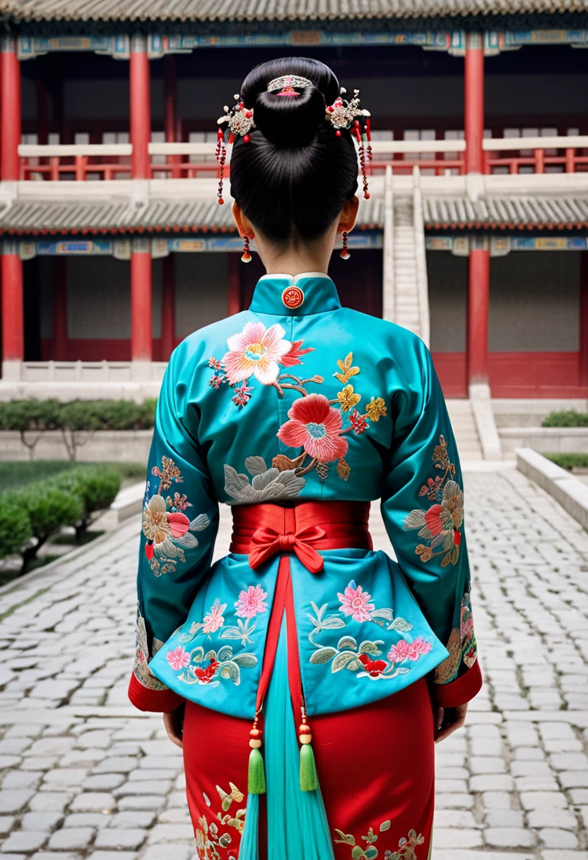 Photo from behind On the cobblestones outside the Qing Dynasty Palace、Empress Qing Dynasty、She is wearing a Manchu outfit embroidered with a colorful floral pattern and red. Her hair is tied up and pulled up.　Her waistband is down, exposing her big ass and her pussy is visible.