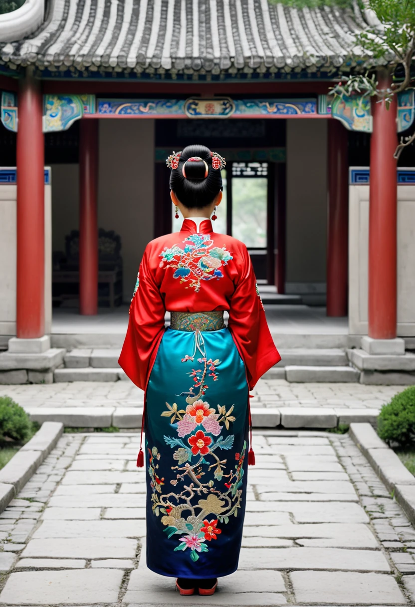 Photo from behind On the cobblestones outside the Qing Dynasty Palace、Empress Qing Dynasty、She is wearing a Manchu outfit embroidered with a colorful floral pattern and red. Her hair is tied up and pulled up.　Her waistband is down, exposing her big ass and her pussy is visible.