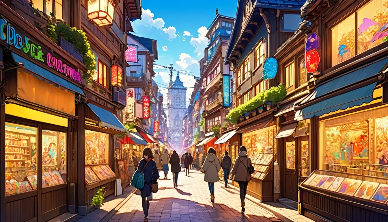 A charming anime-style street with many art galleries and shops, colorful paintings displayed in shop windows, detailed architectural elements, intricate storefronts, vibrant neon signs, stylized pedestrians, warm lighting, whimsical atmosphere