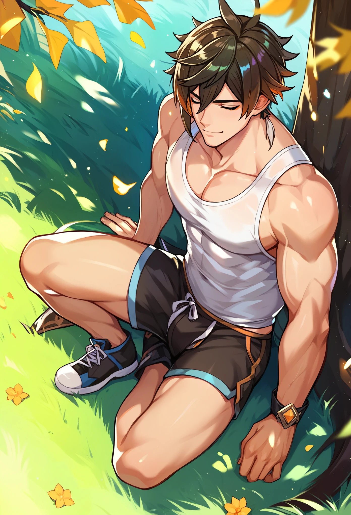 Masterpiece, best quality,highres, Zhongli, sitting on grass, white tank top, shorts, muscles, biceps