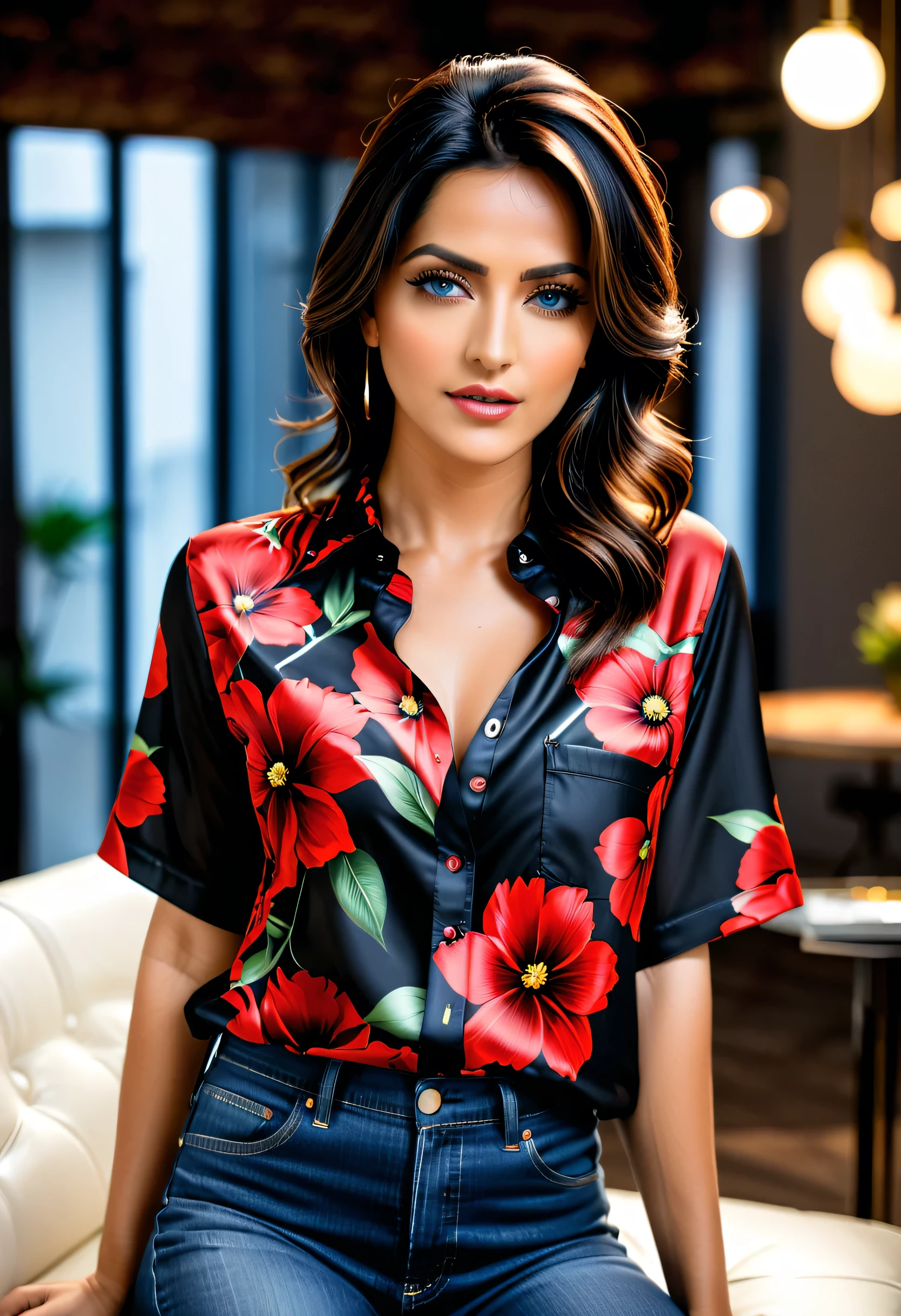 (masterpiece, photorealistic:1.4, extremely intricate:1.3), (photon mapping, radiosity, physically based rendering, ultra resolution, hyper-realistic, photorealistic:1.4, hyper-realistic, 8K), ((detailed woman, (soft loose red black flowerprint shirt, jeans, [ginger hair:dark hair:0.2], touseled hair, [flat chest:medium breasts:0.5]), sitting, white leather couch, (looking away, mature, [clear eyes:blue eyes:0.6]), [makeup:natural:0.5], elegant:1.3), BREAK, (((bokeh, Fujifilm, volumetric dim)))