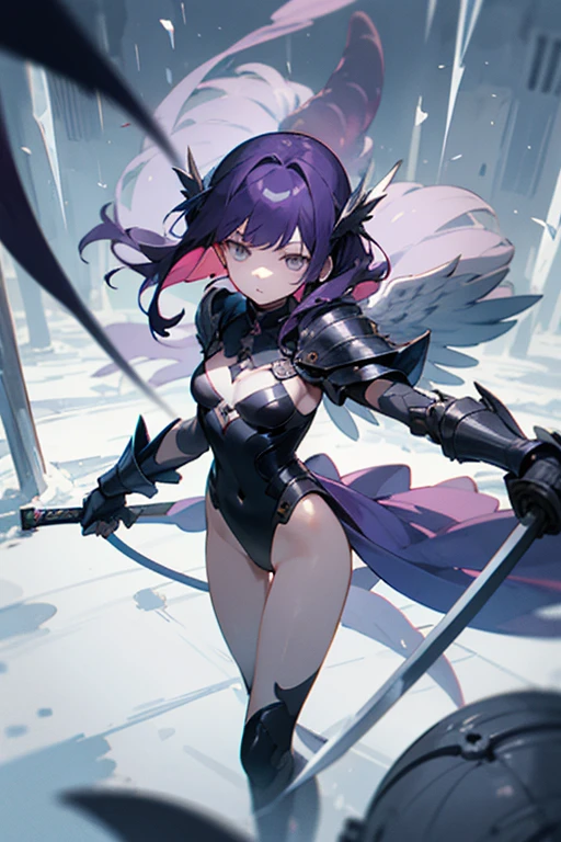 ((Highest quality)), ((masterpiece)), (detailed),One fallen angel girl, Deep purple hair and lightless white eyes、Holding a Western one-handed sword、Expressionless、「A tattered black wing」、A black leotard-style metal armor that exposes the chest, abdomen, and back.、Flying in the sky in the Ice Temple with four tentacles growing from its back