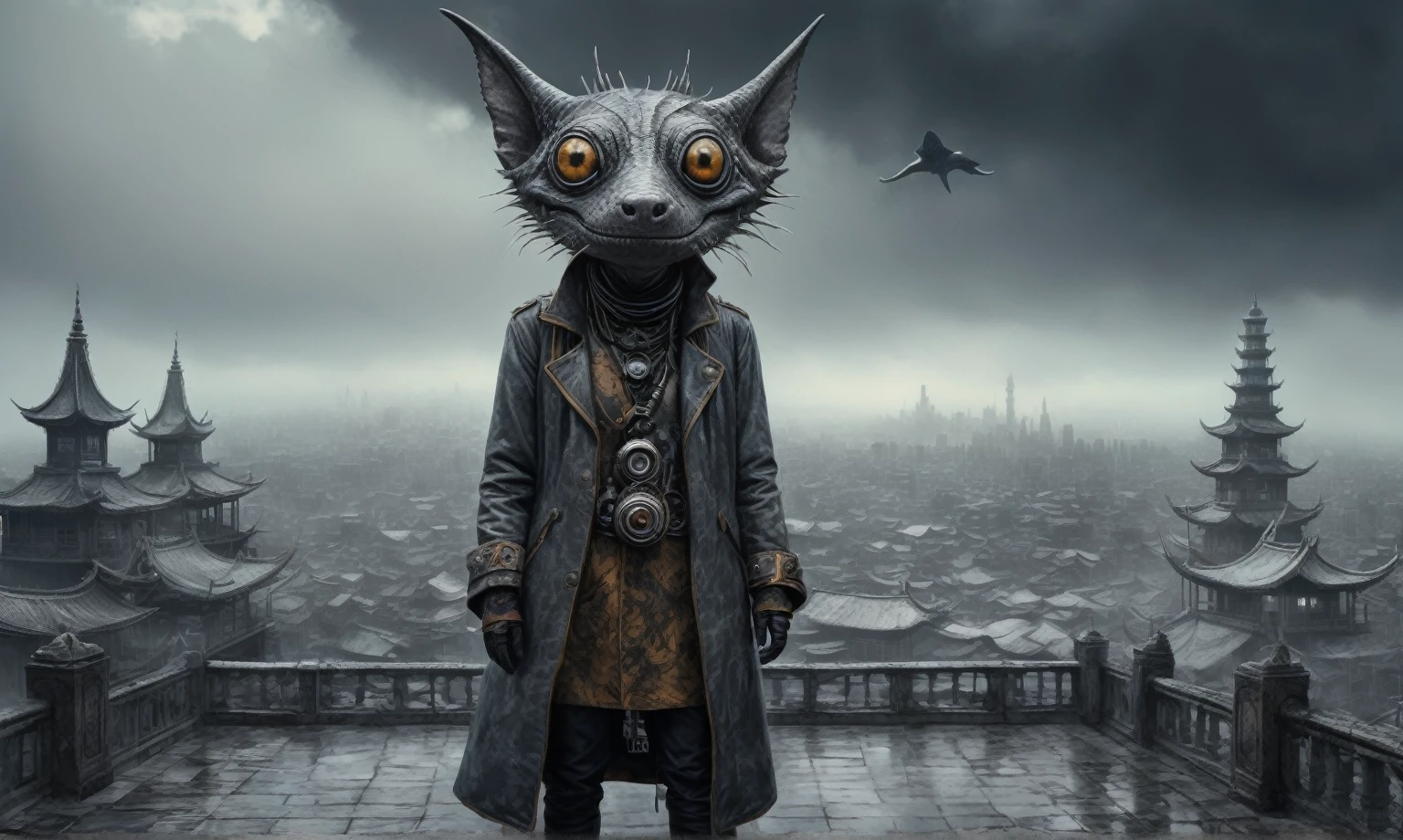 graphite old witch after a psychiatric clinic,winter,intricate landscape,slate grey atmosphere,film grain,,faded,snake eyes extremely detailed,another world,ring of truth,French Braid with a Twist,view from height,once pretty face,eyebrow up,full body shot,ominous landscape, Simon Stalenhag,Nicola Samori,full body shot,beggar paladium The Alien Entity,Technicolor,natural skin textures, hyper realism, hyper detailed,Extremely detailed,High contrast,Masterpiece,Realistic,Ultra Detailed, intricate details,realistic humid leather,extremly intricate,Epic Realistic, cinematic style,irina yermolova,high contrast,hdr,extremely detailed, deep night landscape,masterpiece,intricate details,faded,eyes extremely detailed, high detailed eyes,8k resolution,RAW,retina, Nikon Z9,China,Guangxi Zhuang of China,tkt style,ears perfect, transition between two art styles, Ink painting to photorealism, Double contact, X-ray, Creative, vivid light, masterpiece, fantasy, Abstract, Surrealism, super detailed, high resolution, stop:35;(((creature with a spectral and ghostly appearance)). Her skin is pale, almost translucent,ancient rock,sharkfish's leather,In a vibrant and mesmerizing artwork, a hot air soars through the layers of clouds, revealing a colossal and enigmatic cityscape nestled within. The buildings in this ethereal city are adorned with intricate details and exude an aura of mystery. Above the cityscape, lend an enchanting touch to the scene. steampunk. The intricate mechanics create a sense of wonder and fascination, as if stepping into a dreamlike realism