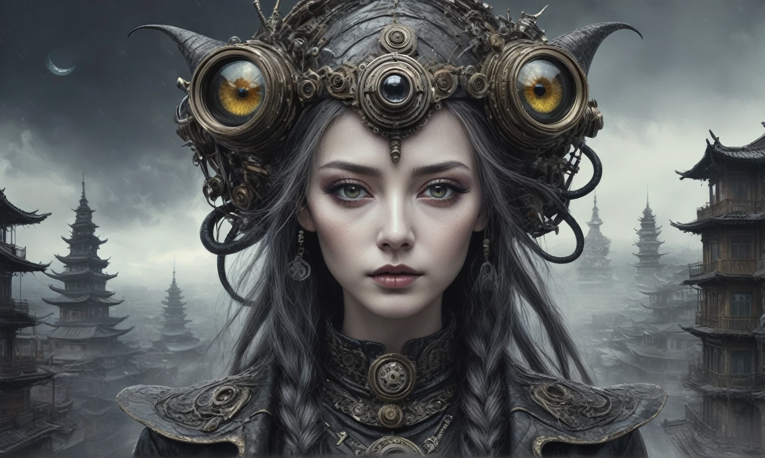 graphite old witch after a psychiatric clinic,winter,intricate landscape,slate grey atmosphere,film grain,,faded,snake eyes extremely detailed,another world,ring of truth,French Braid with a Twist,view from height,once pretty face,eyebrow up,full body shot,ominous landscape, Simon Stalenhag,Nicola Samori,full body shot,beggar paladium The Alien Entity,Technicolor,natural skin textures, hyper realism, hyper detailed,Extremely detailed,High contrast,Masterpiece,Realistic,Ultra Detailed, intricate details,realistic humid leather,extremly intricate,Epic Realistic, cinematic style,irina yermolova,high contrast,hdr,extremely detailed, deep night landscape,masterpiece,intricate details,faded,eyes extremely detailed, high detailed eyes,8k resolution,RAW,retina, Nikon Z9,China,Guangxi Zhuang of China,tkt style,ears perfect, transition between two art styles, Ink painting to photorealism, Double contact, X-ray, Creative, vivid light, masterpiece, fantasy, Abstract, Surrealism, super detailed, high resolution, stop:35;(((creature with a spectral and ghostly appearance)). Her skin is pale, almost translucent,ancient rock,sharkfish's leather,In a vibrant and mesmerizing artwork, a hot air soars through the layers of clouds, revealing a colossal and enigmatic cityscape nestled within. The buildings in this ethereal city are adorned with intricate details and exude an aura of mystery. Above the cityscape, lend an enchanting touch to the scene. steampunk. The intricate mechanics create a sense of wonder and fascination, as if stepping into a dreamlike realism