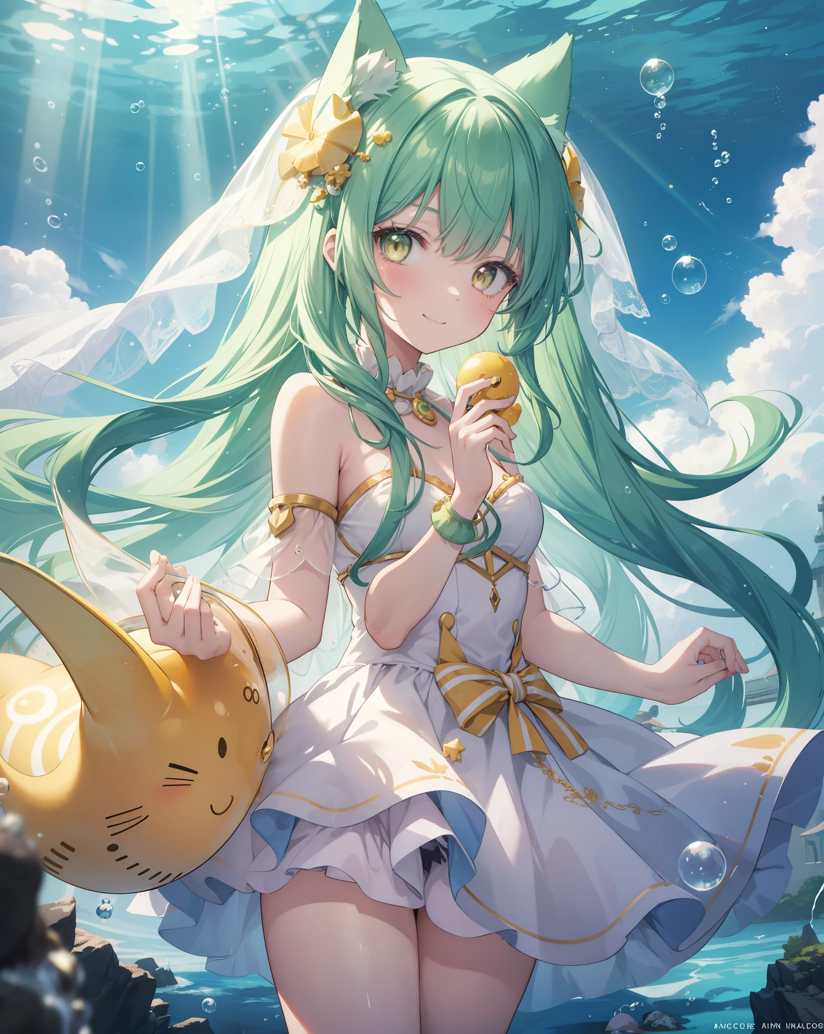 1girl, neko ears, green hair, yellow eyes, living in a bubble under the sea. she's happy. Anime Scenery underwater.  She has a little smile. She is playing with bubbles. Funny. She is wearing Shells and a veil. 