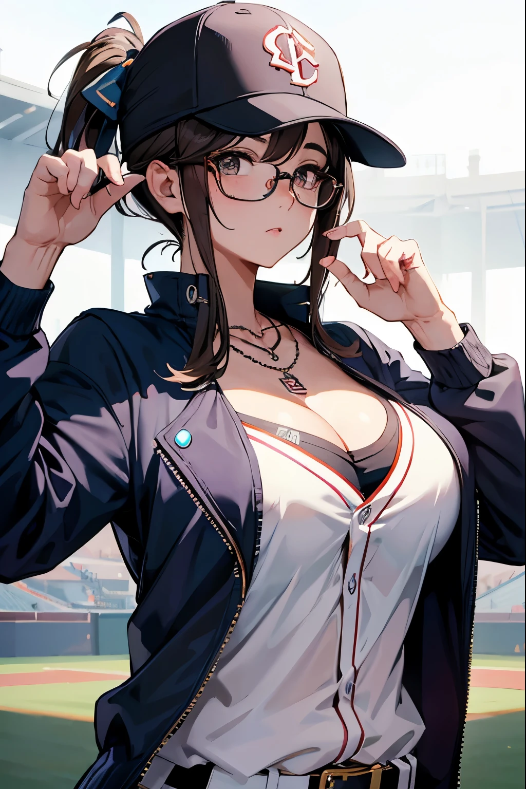 Anime girl with glasses and a baseball cap on her head - SeaArt AI