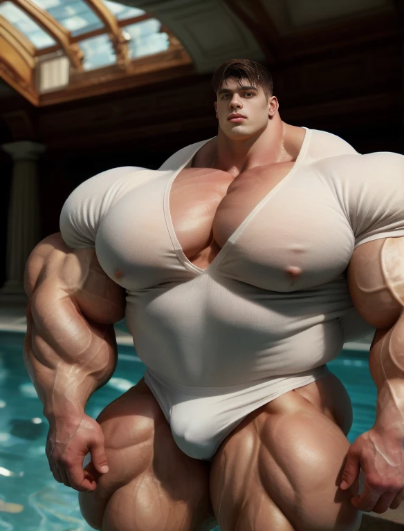 1boy, giant, giant bodybuilder, illuminating light, strong body, bulk, large size, staring, standing, in the indoor pool, nude, wet white henley shirt and triangular underwear, prominent bulge, extraordinary big, brutalmass, giant, muscular body, bulk, buff, massive body, large meaty body size, extremely wide body