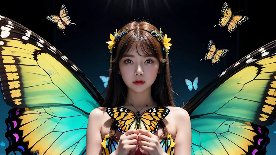 (3 girls)best quality，Masterpiece，16ก，1 girl, Antenna, bare shoulders, blue butterfly, blue wing, chest, butterfly, butterfly decorationsผม, butterfly on hand, butterfly wing, rift, angel, angel wing, flower, fly, glowing butterfly, glowing wing, decorationsผม, insect wing, decorations, medium chest, multicolored wing, alone, tooth, white butterfly, wing, yellow butterfly, yellow wing,dawnเอลฟ์,dawn,glow,Glowing wing,set,butterflyหลายตัว,butterflyglow,Super large wing