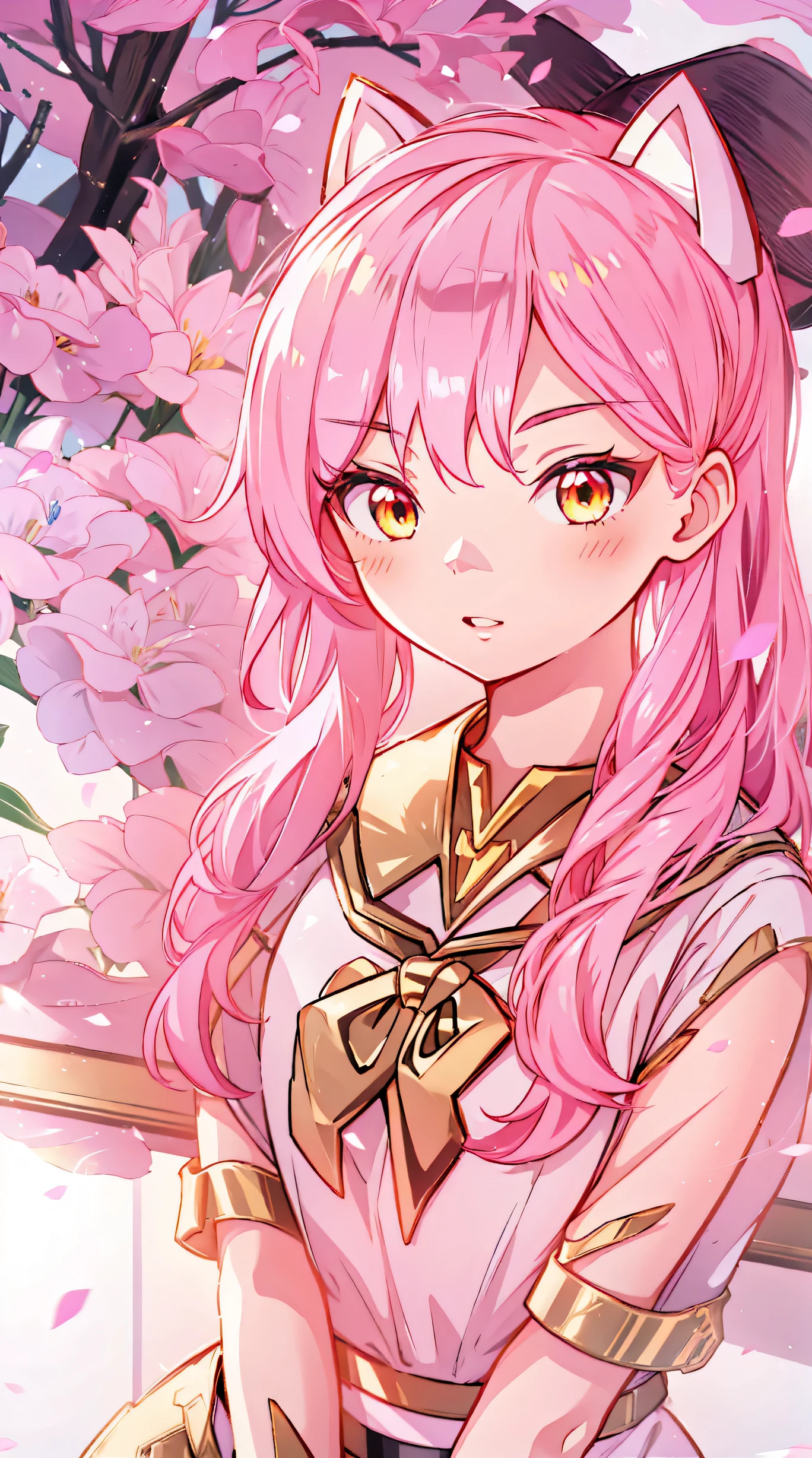 An anime girl with cat ears. Fake cat ears, and the cat ears are gold-rimmed on the head, long pink hair, very long hair, bright pink hair, white miniskirt with gold belt, She wears white gloves on her hands, pinker BH pinker Tanger, around the neck a golden collar, View to the viewer,
sexly,, cute face",, orange eyes