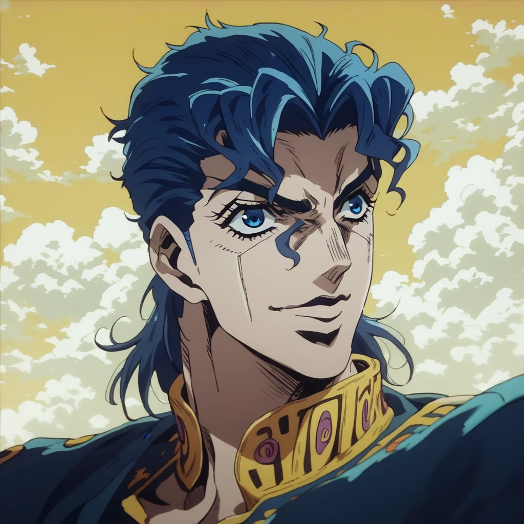 JoJo, JoJo style, JoJo's Bizarre adventure, Official art, anime, fake screenshot, pompadour, gakuran, Josuke Higashikata, blue hair, smile, blue eyes, headshot, masterpiece, dramatic lighting, yellow sky, white clouds