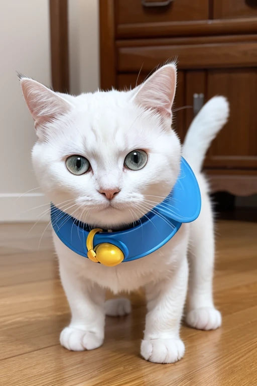 Blue Robot Cat Body,
Round White Face and Belly,
Red Round Nose,
Yellow Bell Collar,
Four Short Limbs with White Paws,