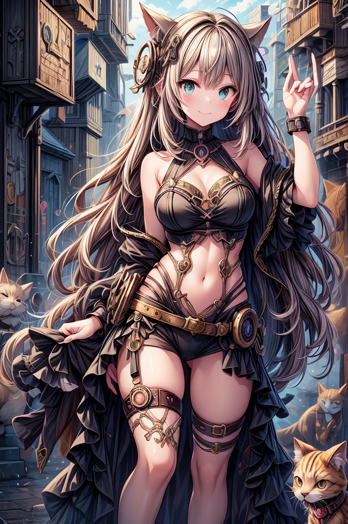 (masterpiece:1.2),(anime),(close:1.2)、(Steampunk Background),One Girl、1 cat,(With cat),(Bullish girl),(smile)