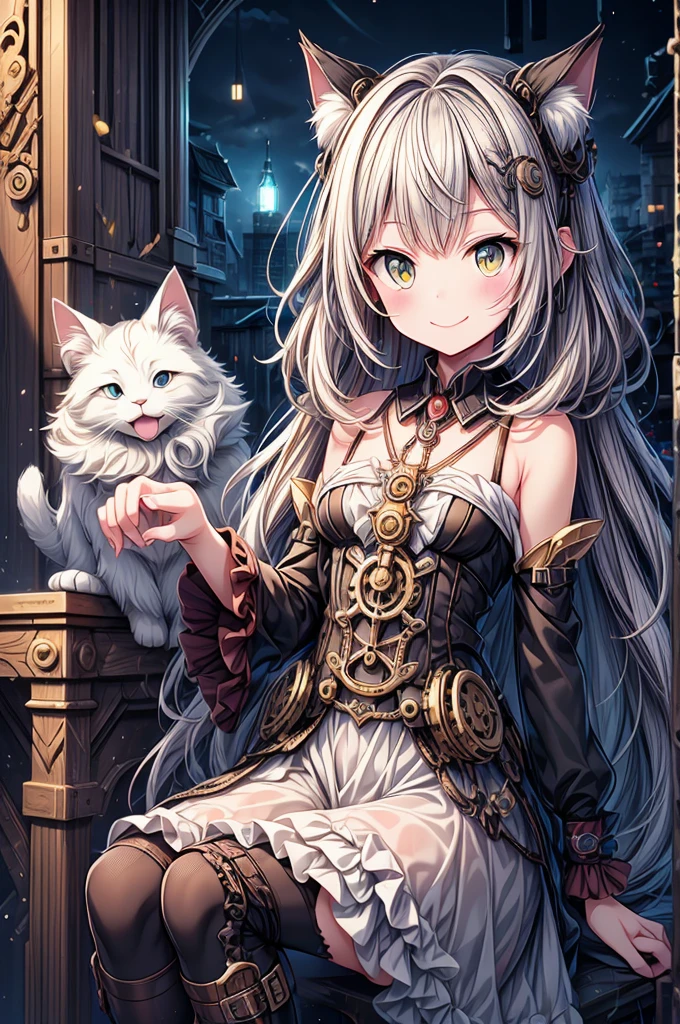 (masterpiece:1.2),(anime),(close:1.2)、(Steampunk Background),One Girl、1 cat,(With cat),(Bullish girl),(smile)