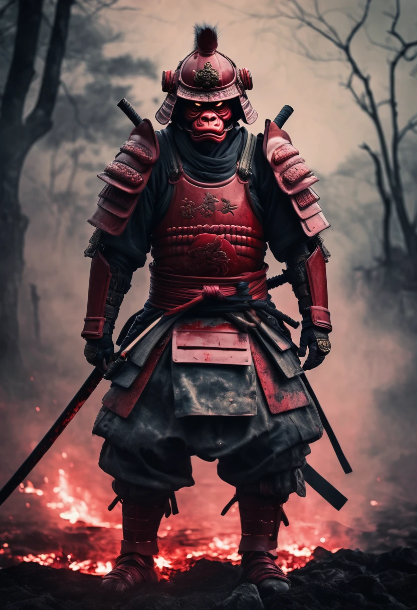 Fallen Samurai of humanoid monkey,embers,gloomy and creepy atmosphere,Red Samurai,dramatic  lighting,Cracked Red Armor, intricate details,A Lost Battle,Fading Glory,Ghostly Shadows,foggy background,Majestic Helmet,A lonely figure,Rising smoke,Doomed Fate,Grim Ruins,Majestic Composition,Military Honor,desolation,Fire fighting,A sinister presence,Ash and smoke,Bloodstained Earth,worn-out armor,determination,Glyph of Courage,The End of the Samurai Era,A devastated battlefield, Standing in the middle of the battlefield [Muted color palette],[subdued tones],[Intrusive atmosphere:0.9]