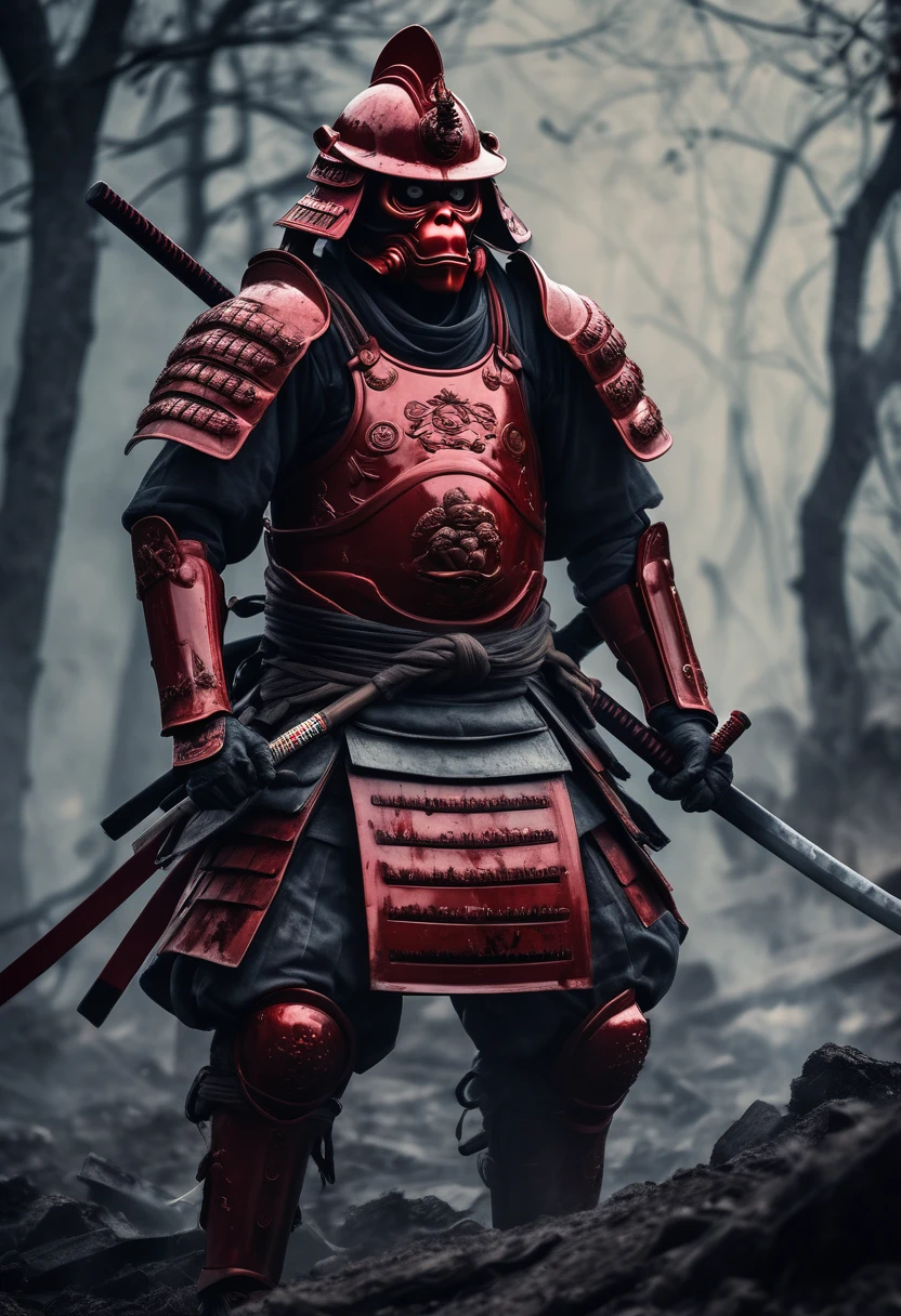 Fallen Samurai of humanoid monkey,embers,gloomy and creepy atmosphere,Red Samurai,dramatic  lighting,Cracked Red Armor, intricate details,A Lost Battle,Fading Glory,Ghostly Shadows,foggy background,Majestic Helmet,A lonely figure,Rising smoke,Doomed Fate,Grim Ruins,Majestic Composition,Military Honor,desolation,Fire fighting,A sinister presence,Ash and smoke,Bloodstained Earth,worn-out armor,determination,Glyph of Courage,The End of the Samurai Era,A devastated battlefield, Standing in the middle of the battlefield [Muted color palette],[subdued tones],[Intrusive atmosphere:0.9]