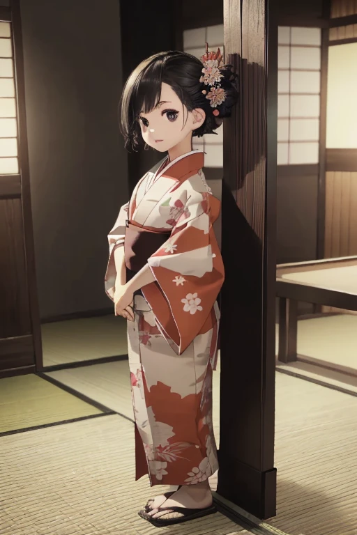 (Official Art、Highest quality、unity 8k wallpaper、32K、masterpiece、Very detailed、Ultra-high resolution、Oil painting style:1.2)、
thin、5～Children around 6 
(profile、Short Bob、Black Hair)、Realistic eyes、Sharp eyes、A beautiful woman in a kimono with red as the main color、(Very detailed顔と目、Beautiful Face、Very detailed肌、Fine skin:1.3)
(Pause、Standing posture、Full body view 1,7)
high definition background、Blurred Background、Japanese-style room、salon、A dark tatami room late at night