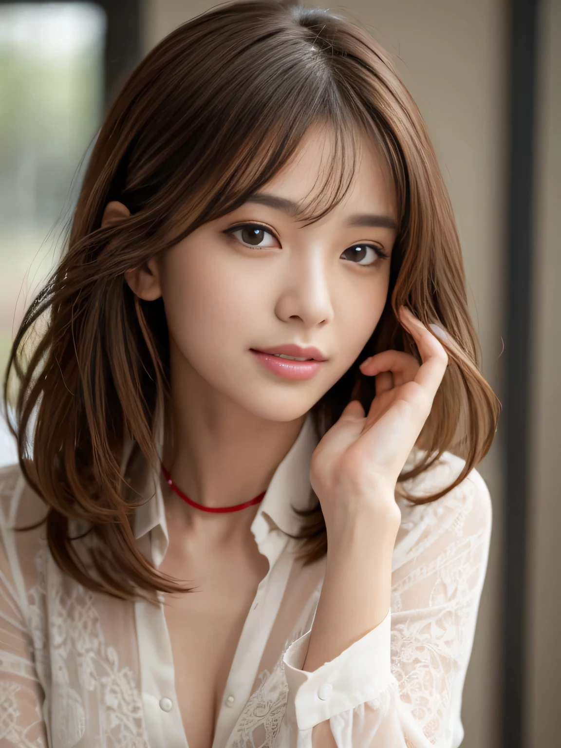 table top、highest quality、real、Super detailed、finely、High resolution、8k wallpaper、one beautiful woman、、light brown messy hair、He is wearing a red see-through dress shirt with an open collar、sharp focus、perfect dynamic composition、beautiful detailed eyes、thin hair、Detailed and realistic skin texture、smile、close up portrait、model body shape、President's Secretary、miniskirt、high heels、whole body、Random body orientation、