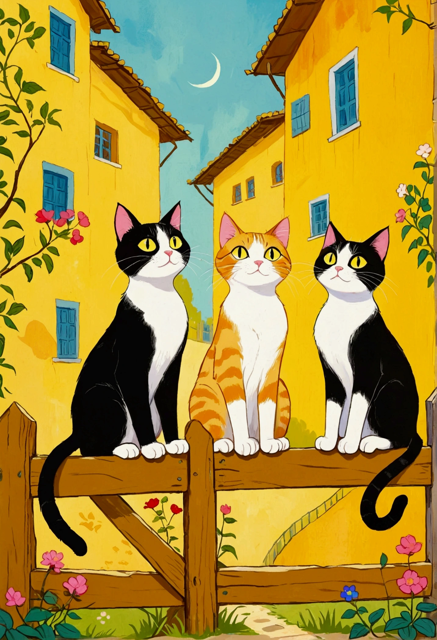 Pastel Painting，painting of three Cat sitting on a fence with a yellow background, 充满活力的Cartoon艺术, Cartoon, author：Benjo Obreshkov, 手绘Cartoon艺术风格, Cat , author Dahlov Ipcar, meeting of the Cat, Whimsical Art, author：Marie Bashkirtseff, digital Cartoon art, author Pierre Roy, author：Yi Yinwen, Cat