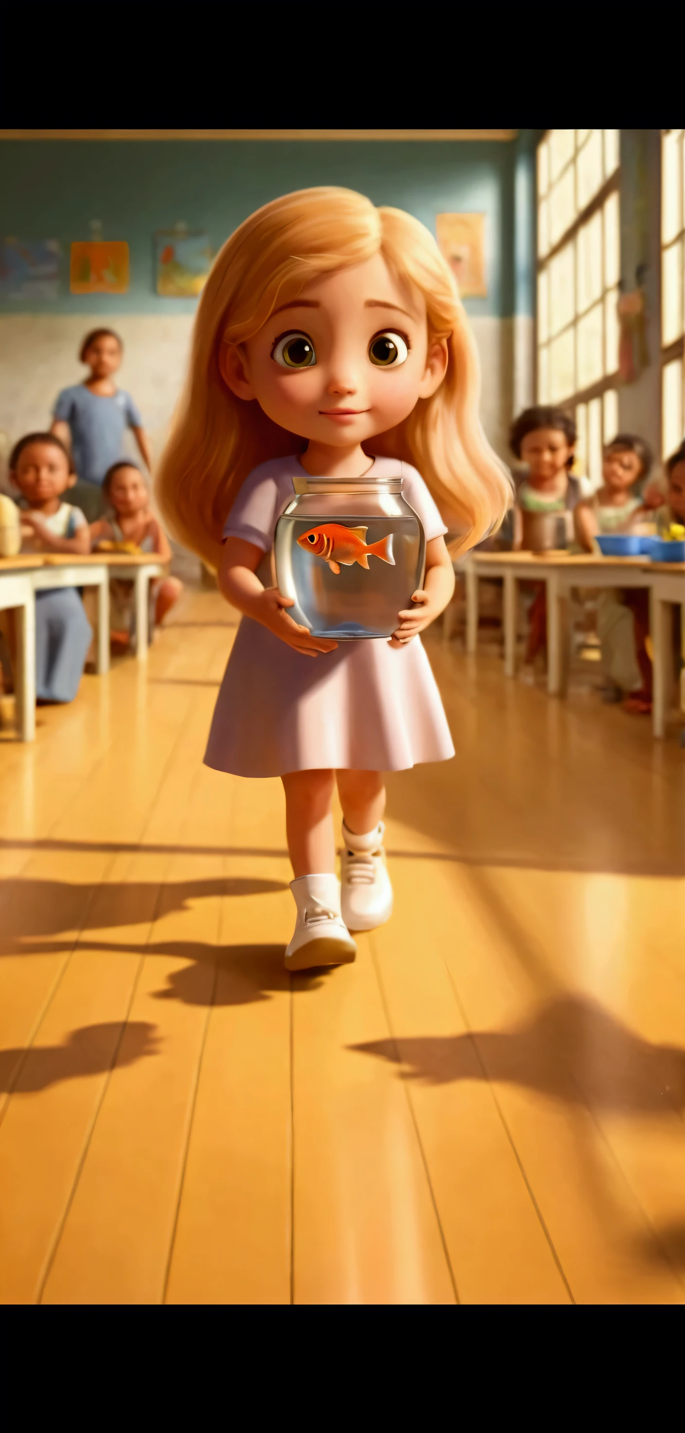 She is carrying a transparent pot of water having fish in it make this girl little tall and beautifull