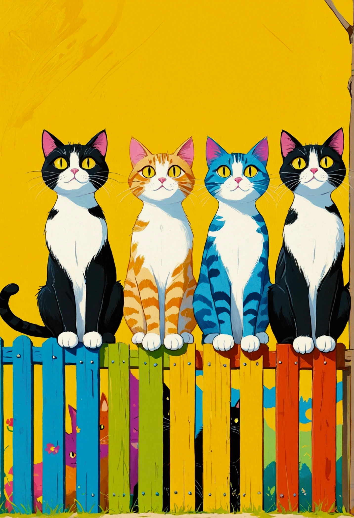 Pastel Painting，painting of three Cat sitting on a fence with a yellow background, 充满活力的Cartoon艺术, Cartoon, author：Benjo Obreshkov, 手绘Cartoon艺术风格, Cat , author Dahlov Ipcar, meeting of the Cat, Whimsical Art, author：Marie Bashkirtseff, digital Cartoon art, author Pierre Roy, author：Yi Yinwen, Cat