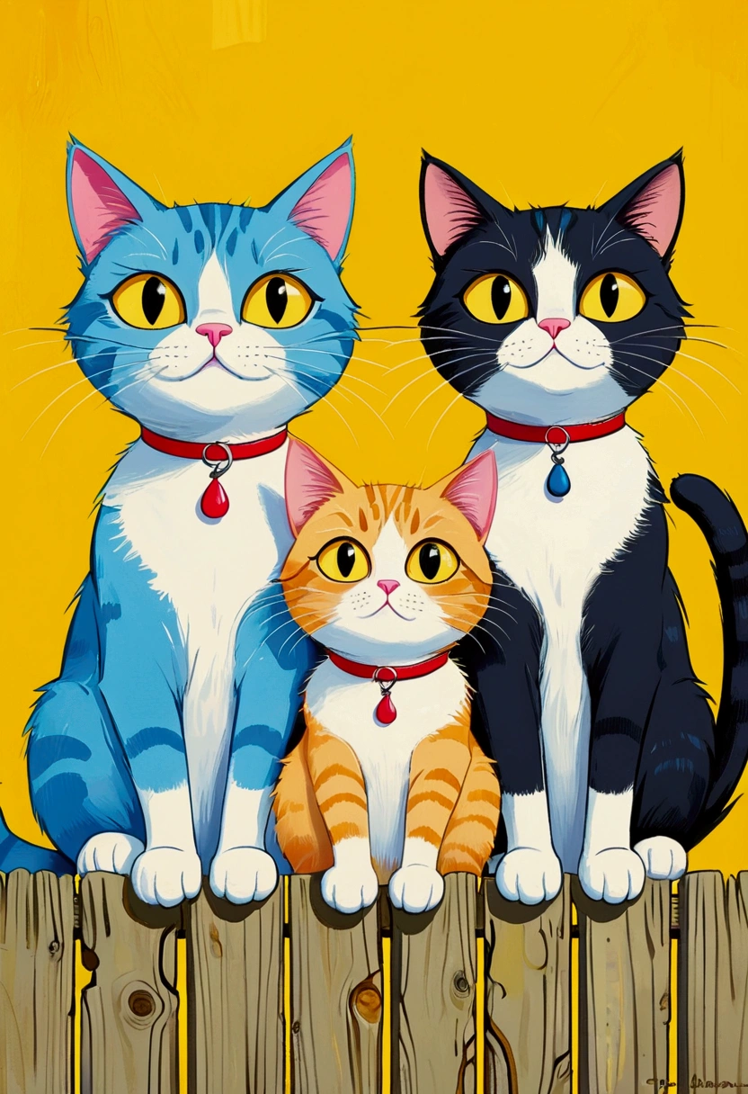 painting of three Cat sitting on a fence with a yellow background, a Pop Art by Bencho Obreshkov, Popular trends on pixabay, Toyism, Vibrant cartoon art, cartoon painting, Hand drawn cartoon art style, Cat , meeting of the Cat, Whimsical Art, digital cartoon painting art, Cat, Artworks by Alessandro Pautasso, Pop Art