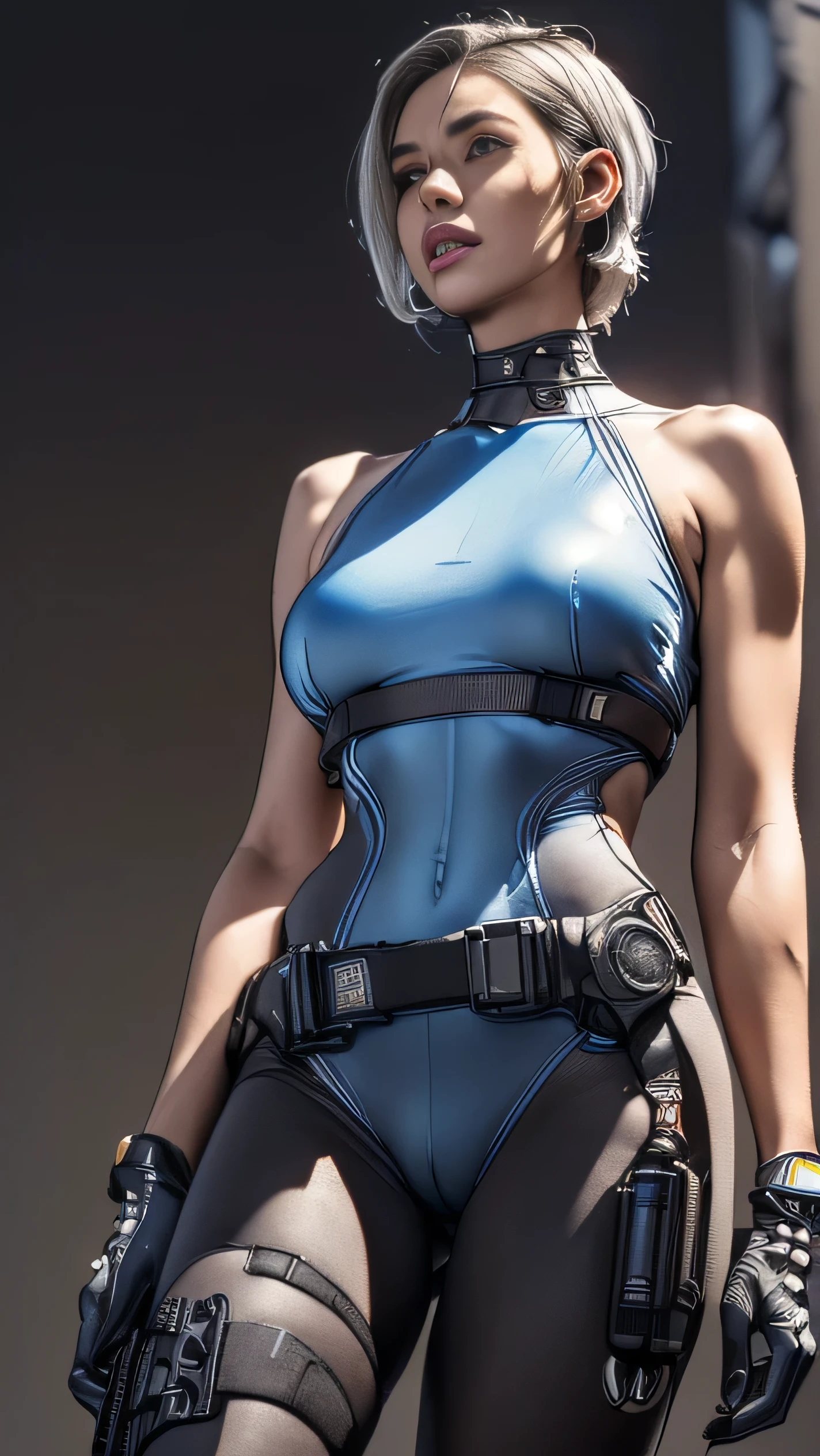 (A woman),(((A female member of the Future Force stands))),((Silver tactical high leg bodysuit:1.5)),((earphone:1.5)),((Tactical Holster:1.5)),(Gloves:1.5),(Serious:1.5),(Super short hair:1.5),(beautiful eyes:1.3),(Very detailedな顔:1.5),((Very detailed drawing of a female hand:1.5)),(((muscular:1.5))),((Sexy appearance:1.5)),((Thick thighs:1.5)),(Beautiful Body:1.5),((Very sensual:1.5)),(The backdrop is a futuristic city:1.5),(Cyberpunk atmosphere:1.5),(((Blurred Background:1.5))),(Written border depth:1.5),rest(((masterpiece:1.5),(best quality:1.5),(Very detailed:1.5),(high resolution:1.5),(Practical:1.5),(Practical:1.5),(Delicate depiction),(Carefully drawn))),8k,wallpaper, (((camel toe1.5))),(from below:1.2)