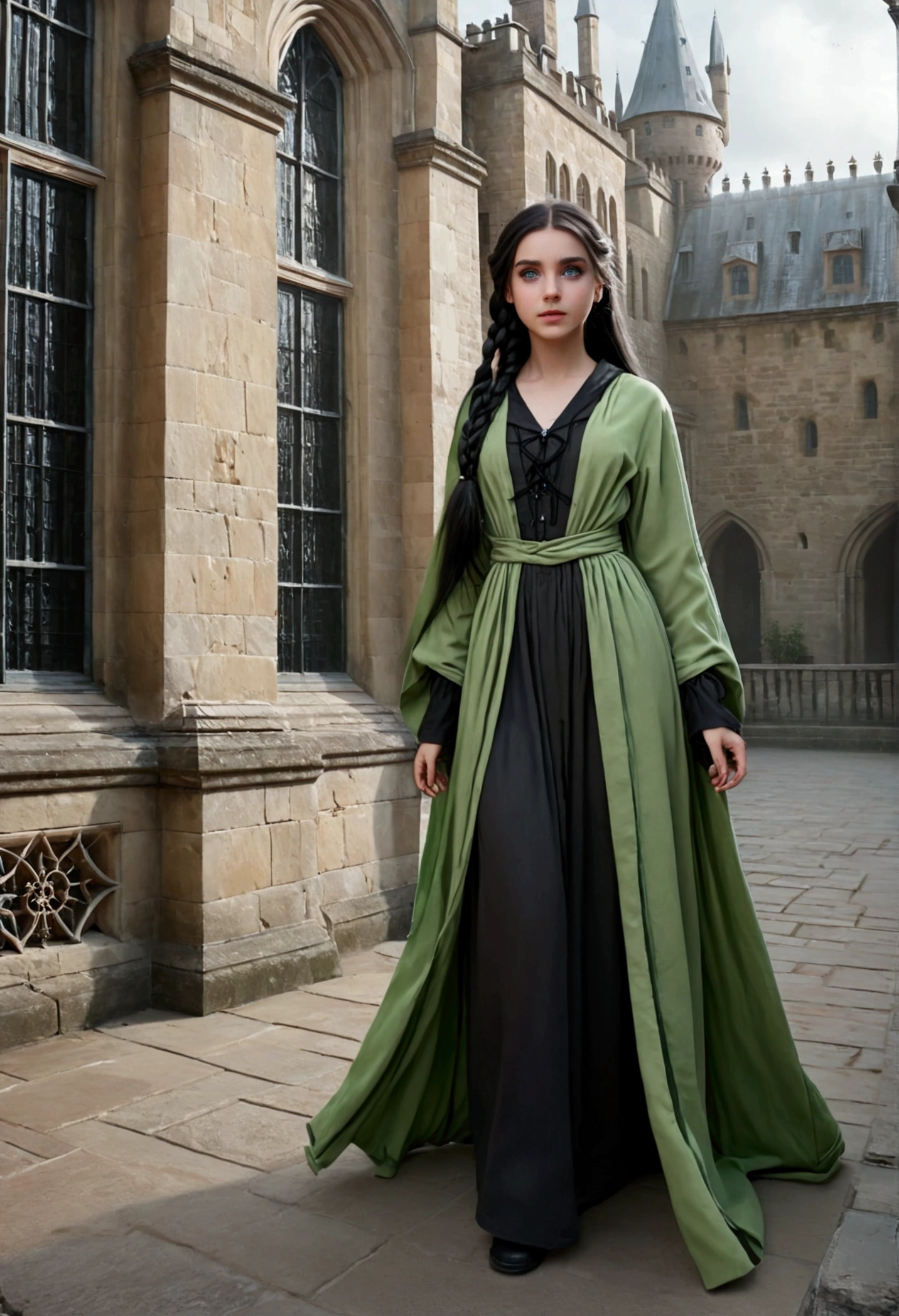 A young girl with long black braided hair, green eyes, wearing a simple witch's robe, standing alone in the courtyard of Hogwarts Castle, her clothes gently lifting in the wind, a thoughtful expression on her face, 1girl,solo,black hair,green eyes,witch,flat chest,castle hogwarts,cloths lift,short cloths,(best quality,4k,8k,highres,masterpiece:1.2),ultra-detailed,(realistic,photorealistic,photo-realistic:1.37),intricate details,dramatic lighting,cinematic