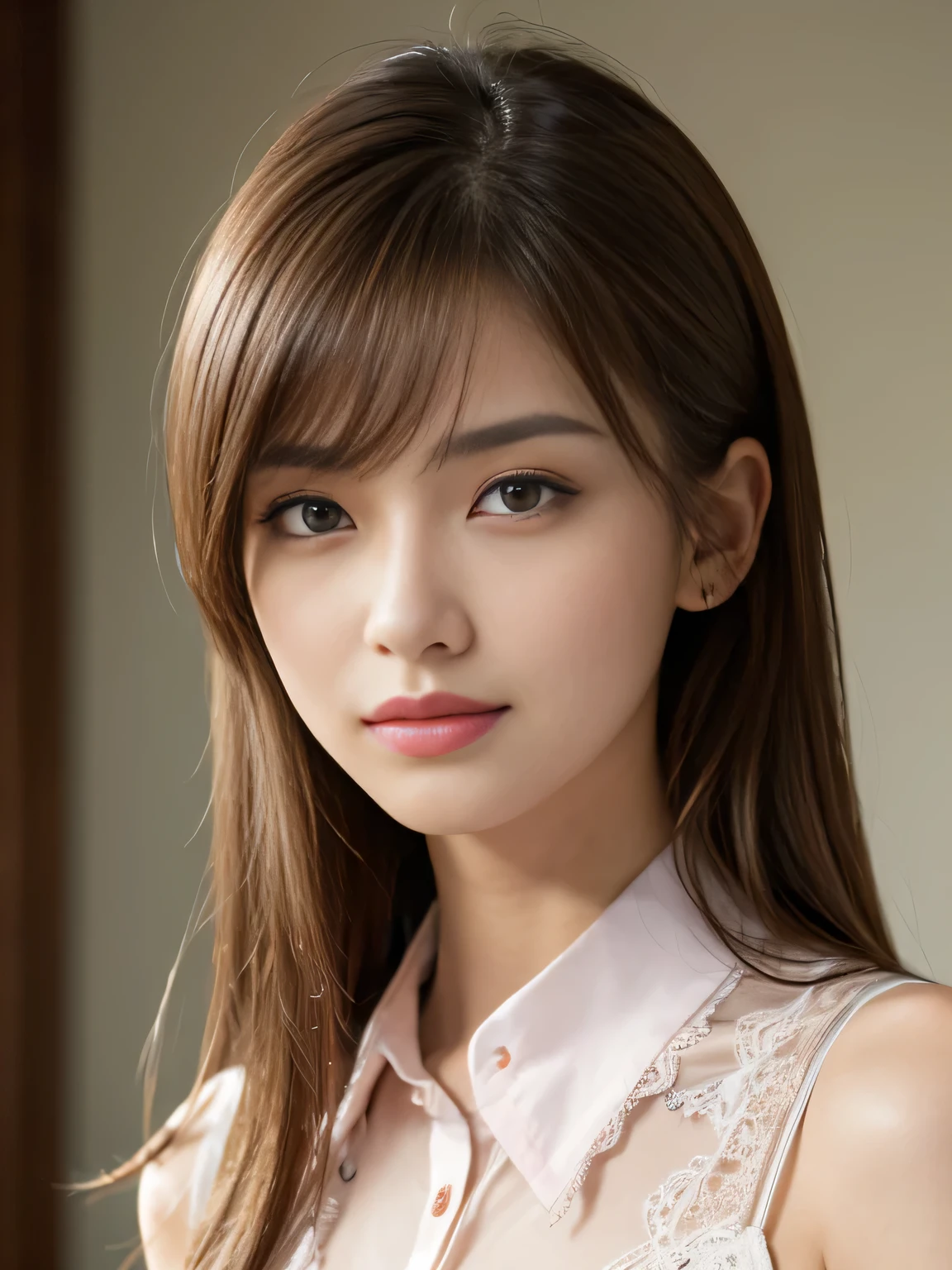 table top、highest quality、real、Super detailed、finely、High resolution、8k wallpaper、one beautiful woman、28 years old、light brown messy hair、He is wearing a red see-through dress shirt with an open collar、sharp focus、perfect dynamic composition、beautiful detailed eyes、thin hair、Detailed and realistic skin texture、smile、close up portrait、model body shape、President's Secretary、miniskirt、high heels、whole body、(Random body orientation)、