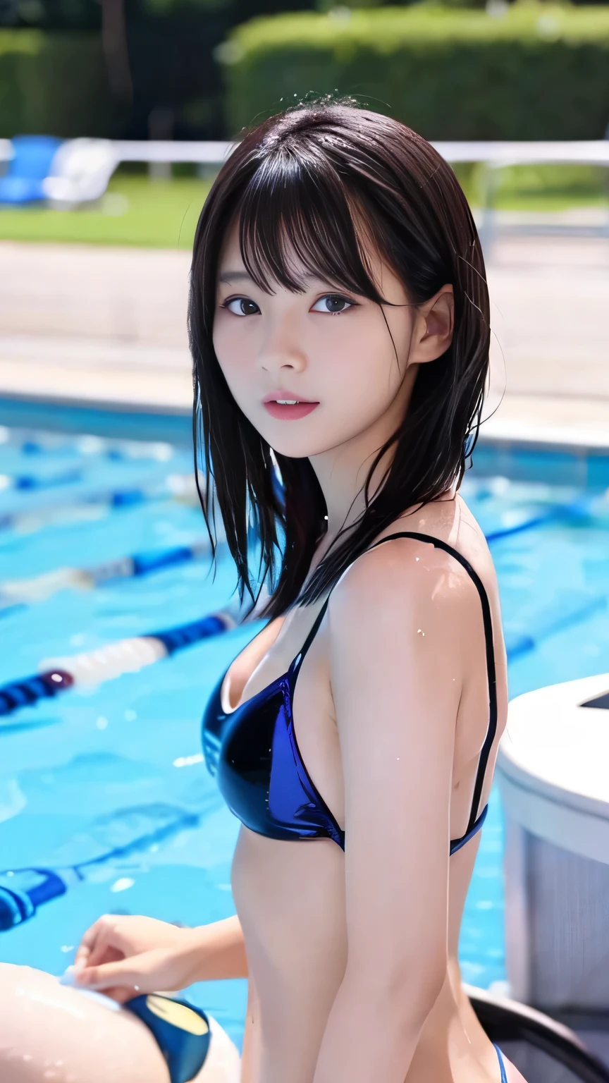Competitive swimming suits、Huge Edition Black Hair、25-year-old gravure idol、Shiny, Oily skin、Shiny skin、Racecourse