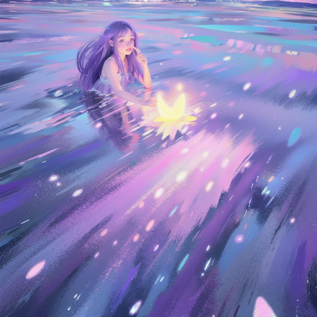 absurdity, high definition, (official art, beauty and aesthetics: 1.2),
1 girl, purple hair, middle hair, purple crystal eyes, shiny eyes,
purple sky, glittering galaxies, (Uyuni salt marsh: 1.2),
(Surrealism: 1.15), (fractal art: 0.3),
Water effect, ripple effect, (flower effect: 0.65), light effect, 8K wallpaper,