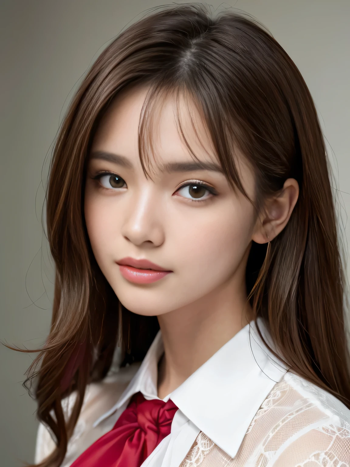 table top、highest quality、real、Super detailed、finely、High resolution、8k wallpaper、one beautiful woman、28 years old、light brown messy hair、He is wearing a red see-through dress shirt with an open collar、sharp focus、perfect dynamic composition、beautiful detailed eyes、thin hair、Detailed and realistic skin texture、smile、close up portrait、model body shape、President's Secretary、miniskirt、high heels、whole body、(Random body orientation)、