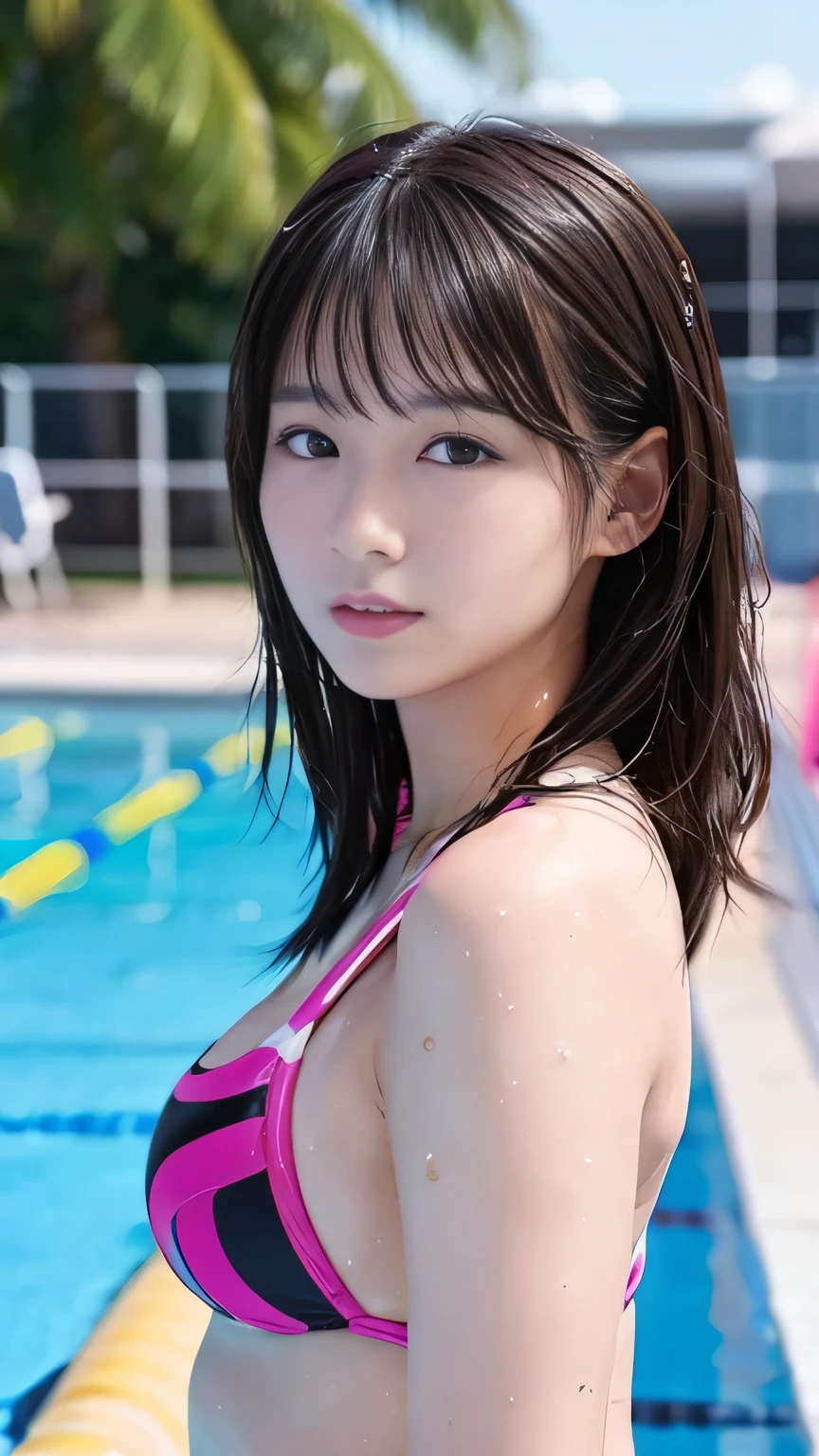 Competitive swimming suits、Huge Edition Black Hair、25-year-old gravure idol、Shiny, Oily skin、Shiny skin、Racecourse