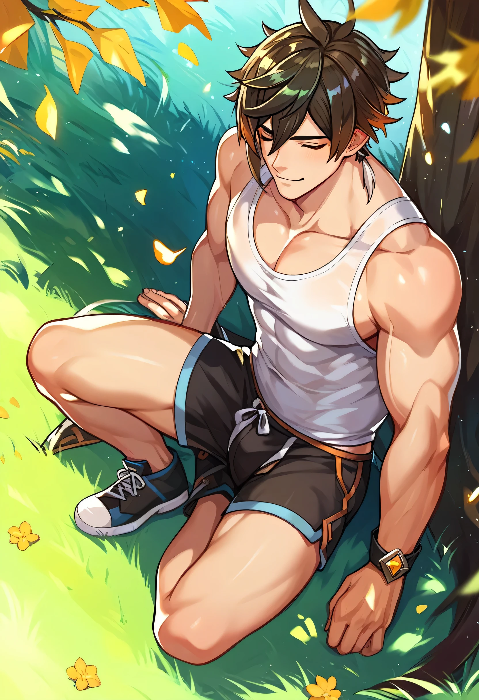 Masterpiece, best quality,highres, Zhongli, sitting on grass, white tank top, shorts, muscles, biceps