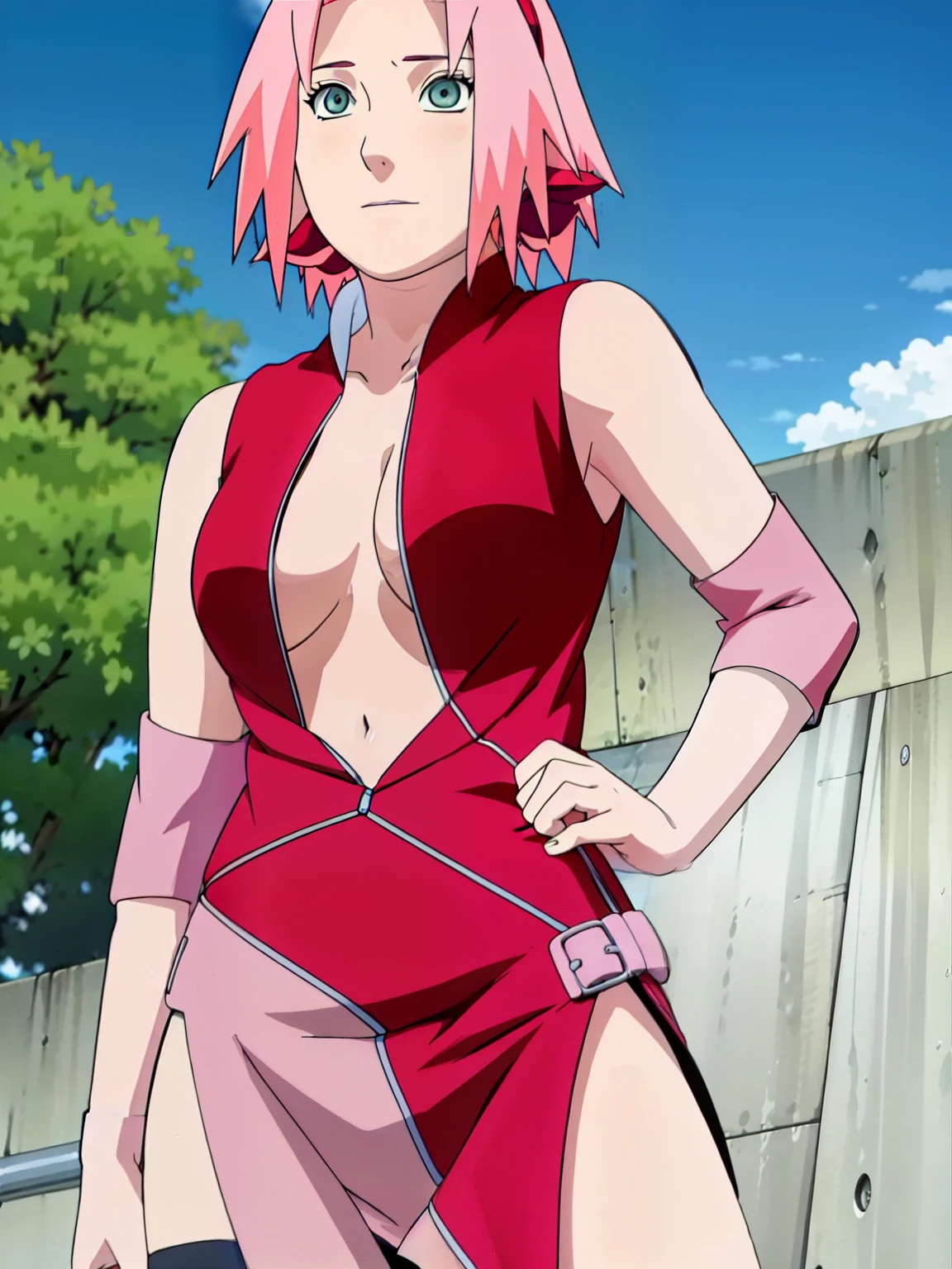 Sakura Haruno showing her belly with open zipper and open top showing her sexy breasts.