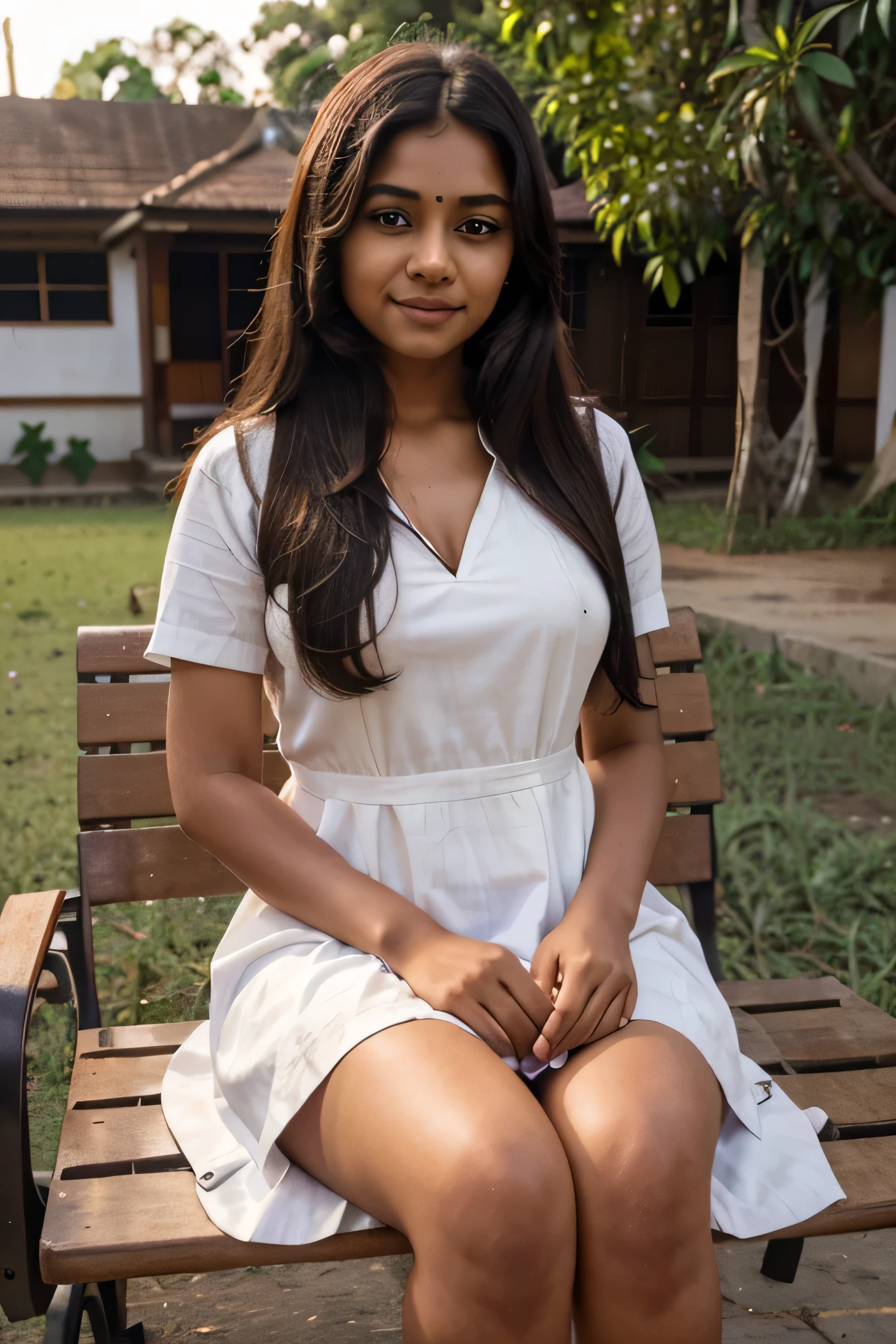 Realistic photos of (1 cute srilankan school girl) long hair, slightly smile, 32 inch breasts size,wearing white srilankan school frock, sitting on a bench in front of srilankan school, sunset light, close-up, UHD