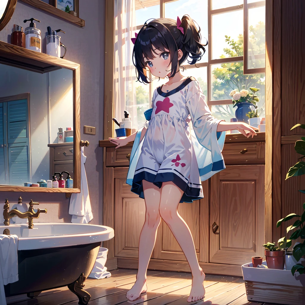 {{{Masterpiece, highest quality, high resolution background}}}, bright and beautiful atmosphere, 1 girl (5 , (young: 1.9), short limbs, round face, short torso, baby faceir , surface effect), small breasts, summer clothes, girl applying lipstick in the bathroom, large shirt and white underwear on the lower body, hand-painted style, "deltamon_sdXL :0.73) >Deltamon"