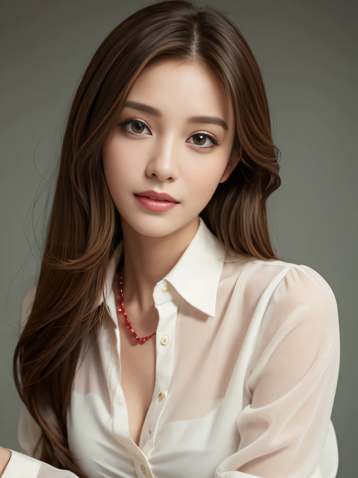 table top、highest quality、real、Super detailed、finely、High resolution、8k wallpaper、one beautiful woman、28 years old、light brown messy hair、He is wearing a red see-through dress shirt with an open collar、sharp focus、perfect dynamic composition、beautiful detailed eyes、thin hair、Detailed and realistic skin texture、smile、close up portrait、model body shape、President&#39;s Secretary、miniskirt、high heels、whole body、(Random body orientation)、