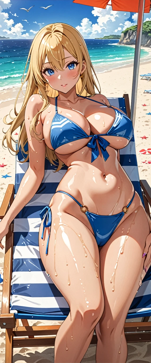 ((masterpiece)), ((high quality)), ((super detailed)), ((high resolution)) ,((8k)), a beautiful woman, ((She is one of the most famous female Gravure Idol in the world.)), unparalleled beauty, ((huge breast)), ((large ass)), ((deep cleavage)), slim waist, chest out, ultra detailed face, perfect skin, (((Blonde straight hair))), blue eyes, detailed eyes, whole body image, (((anime))), ((glamorous)), 24 years old, ((incredibly beautiful woman)), ((The I cup bust)), ((((Sling Bikini)))), ((beautiful breasts)), beautiful legs, 8 life size, anime, the most beautiful and strongest, ((charm)), ((British beauty)), ((Grown-up face)), ((Okinawa's ocean, beach chair, Clear skies, A beautiful woman lying on the beach chair and tanning, wet)), ((Bewitching)), voluptuous,