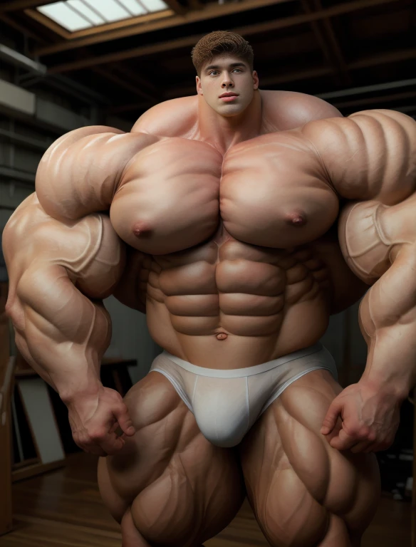 1boy, giant, alone, giant bodybuilder, illuminating light, strong body, bulk, large size, standing in whiet photo studio, indoor, nude, white triangular underwear, thick bulge, scratch his bulge, extraordinary big, brutalmass, giant muscular body, bulk, buff, massive body, large meaty body size, extremely wide body
