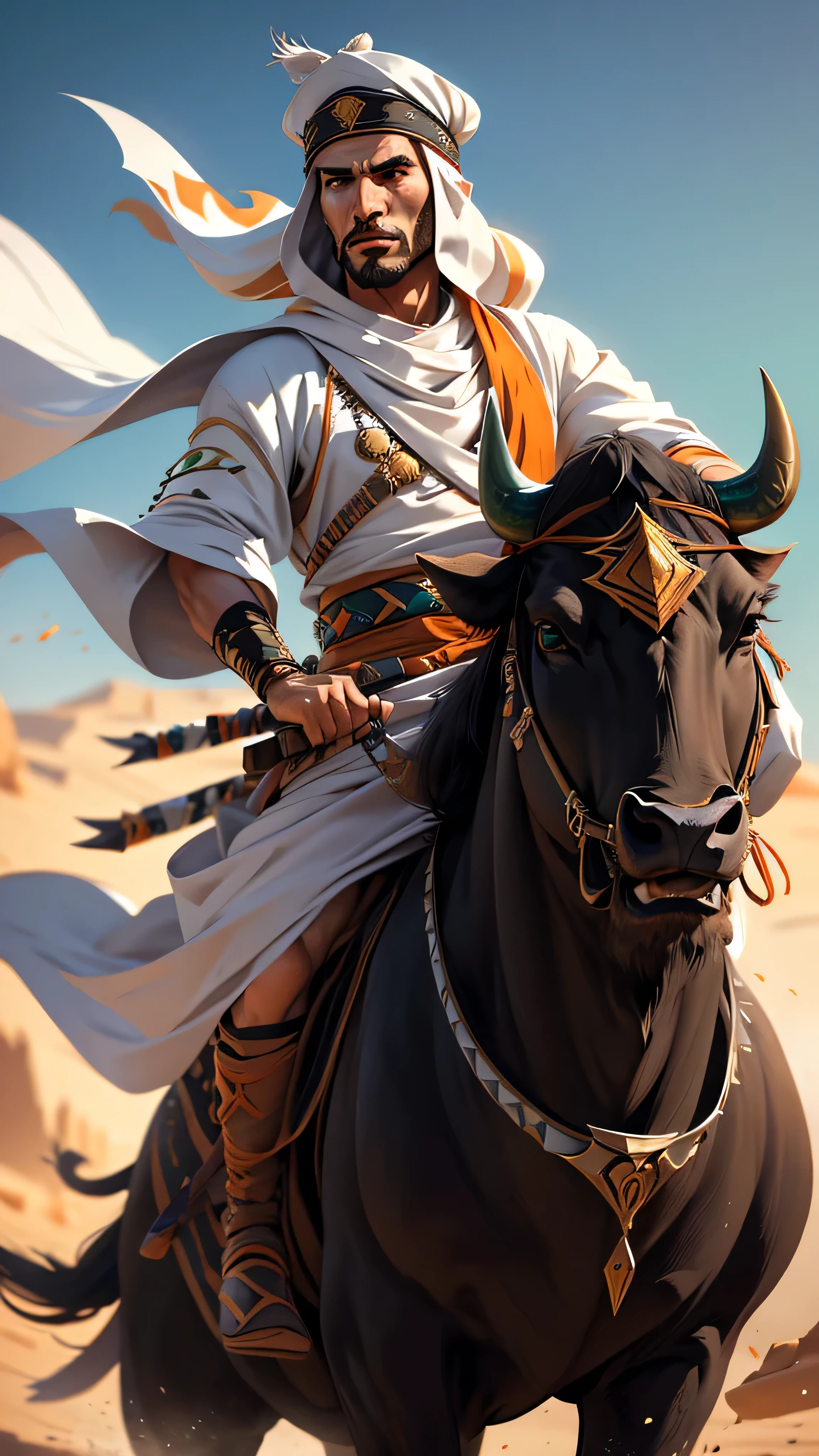 eastern nomad, warrior, general, white thawb, orange fez hat, (riding on a (big black buffalo)), spikes, spears, (masterpiece, best quality), (green eyes), (hyper realistic:1.6), ((detailed face)), ((award-winning)), (sharp), (8k resolution), (cinematic lighting)