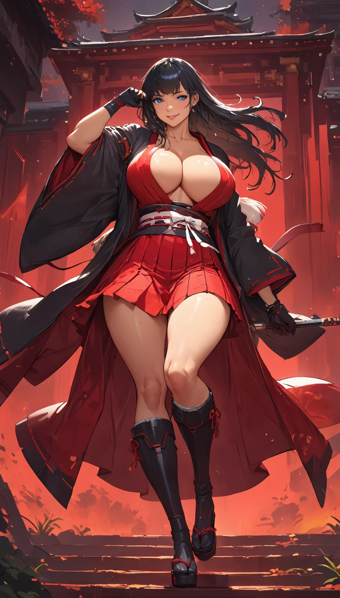 best quality,4k,8k,highres,masterpiece:1.2),ultra-detailed, extremely detailed eyes, extremely detailed body, (large masterpiece digital art), (detailed manga illustration), (detailed line art), ((perfect anatomy)), (intricate details:1.3), (ultra-detailed:1.3), (illustration:1.3), (sharp focus:1.3), (natural lighting:1.05), (vivid colors:1.3), (masterpiece), (best quality:1.4), (perfect anatomy:1.4), high quality, expressive eyes, full body, detailed face, beautiful face, perfect face, 1 girl, breasts, cleavage, gloves, large breasts, Japanese clothes, jacket, (underboob), robe, sash, belt pouchs, very long hair, thigh length hair, Japanese female, detailed ((black hair)), straight hair, Hime cut , blue eyes, curvaceous physique, arm wrap, hakama, hakama skirt, haori, miko, monk, thick thighs, toned, dynamic lighting, cinematic lighting, dynamic heroic pose, smiling, Japanese temple background, curvy, Atey Ghailan, Jeremy Mann, Greg Manchess, Antonio Moro, trend in ArtStation, trend in CGSociety, Intricate, High Detail, Sharp focus, dramatic and photorealistic painting art by Midjourney and Greg Rutkowski, Jeff Bridges, ((cartoon style)), Marvel Cinematic Universe style