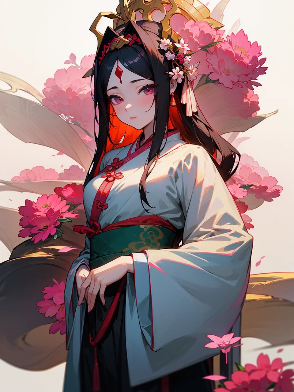 araffe woman in a pink dress with a wreath of flowers on her head, a color photo inspired by Lan Ying, trends in cg society, 真实感, Hanfu, Palace , a girl in Hanfu, ancient chinese princess, a beautiful fantasy empress, ancient china art style, Princess of the Ancient Asian Dynasty, chinese empress, white Hanfu, chinese princess,looking to the down,