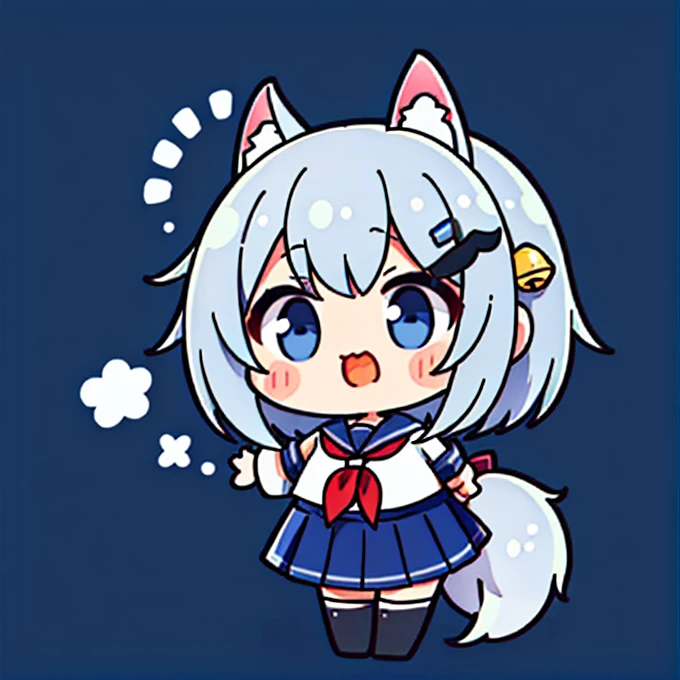 ​masterpiece, top-quality,   large mouth、Big eyes、Surprised face、Mass sweat、Full body depiction, Arms outstretched、　1girl, Chibi:1, FilianSailor, tail, short hair, hairclip, hair bell, serafuku, red neckerchief, swimsuit under clothes, covered navel, blue skirt, black thighhighs, Colorless solid background