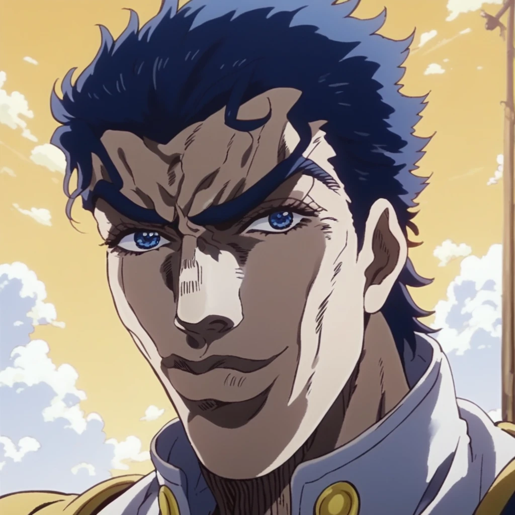 JoJo, JoJo style, JoJo's Bizarre adventure, Official art, anime, fake screenshot, pompadour, gakuran, Josuke Higashikata, blue hair, smile, blue eyes, headshot, masterpiece, dramatic lighting, yellow sky, white clouds