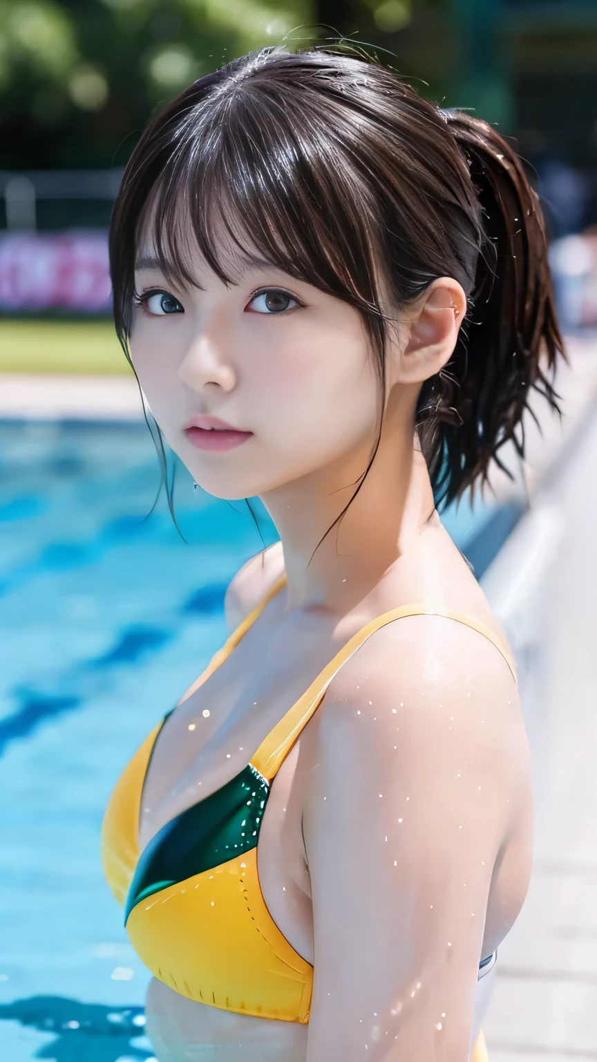 Competitive swimming suits、Huge Edition Black Hair、25-year-old gravure idol、Shiny, Oily skin、Shiny skin、Racecourse