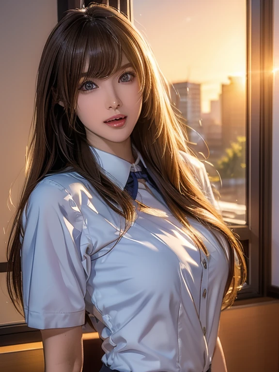 (cool beauty), (Teachers uniform:1.5), (realistic, realistic photo: 1.37), high definition RAW photograph, high definition and beautiful, 8k wallpaper, Amazing details, highly detailed beautiful girl, Extremely detailed face, (Finely defined super beautiful eyes:1.2), Depth of written boundary, natural soft lighting, UHD, Realistic Skin, evening sunset, (evening sunset outside the window:1.2, sunset through window:1.2), From inside the classroom, cute girl, (Tight hair), (ultra straight hair), Swept long bangs, amber hair, skinny body, Curvaceous, Beautiful breasts, small breasts, pale skin, pointed breast, erotic body, (Erotic face, Open your mouth just a little, Ecstatic expression), (Best Quality, High quality, High Definition, high quality texture, high detailing, Beautiful detailed, fine detailed, extremely details CG, masterpiece), Detailed texture, realistic representation of face, presence, Dynamic, Bold), Ultra detailed skin, Perfect Face, looking at the viewer, Backlight, Standing by the window, Highlights in the eyes, enchanting eyes, awesome solo, whole body, The expression when enduring pleasure,